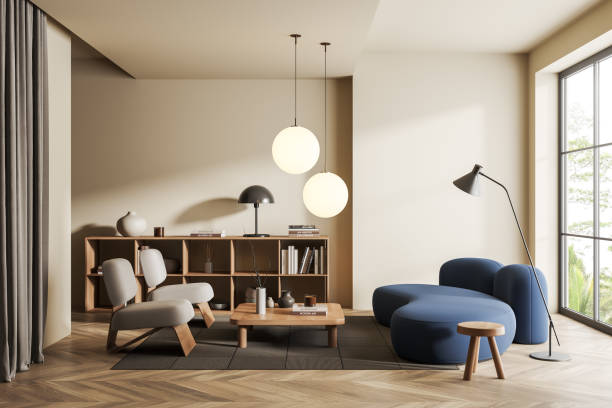 istock Light living room interior with couch and seats, shelf with window 1439708460