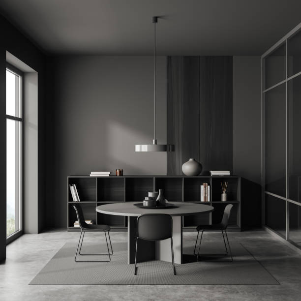 istock Grey living room interior with eating table and chairs, shelf with window 1439708533
