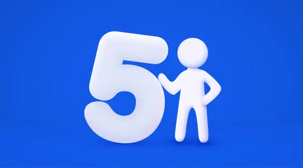 Vector illustration of 3d white cartoon man holding big number 5. Number Five. Isolated blue background.