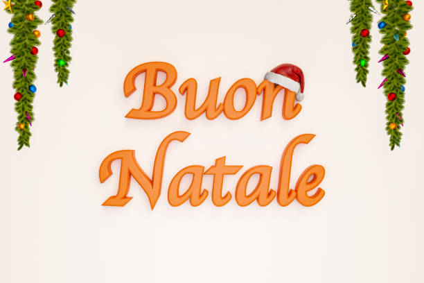 Buon Natale, written in orange letters and a Christmas hat on one letter. The text is framed by fir branches with Christmas decorations. Christmas card. 3D illustration