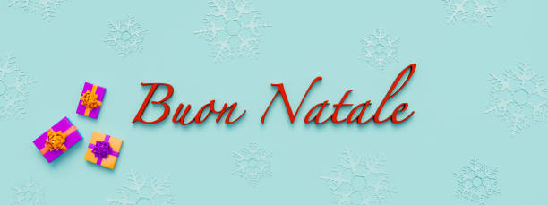 Italian Christmas and culture. Red letters against a blue background with light blue snowflakes and colored gift boxes. Christmas card. 3D illustration