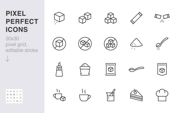 Sugar line icon set. Sweetener, powder, glucose, pouch, sachet, soluble, pack, coffee minimal vector illustration. Simple outline sign for sweet ingredients. 30x30 Pixel Perfect, Editable Stroke Sugar line icon set. Sweetener, powder, glucose, pouch, sachet, soluble, pack, coffee minimal vector illustration. Simple outline sign for sweet ingredients. 30x30 Pixel Perfect, Editable Stroke. Sugar stock illustrations