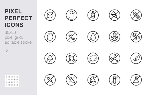 Food allergen line icon set. Gluten free, sugar, lactose, hormone, without peanut, no soy, fat minimal vector illustration. Simple outline sign for meal label. 30x30 Pixel Perfect, Editable Stroke.