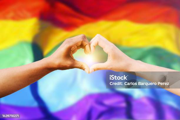 Two Multiracial Hands Join Together To Form A Shape Heart With A Lgbt Flag Background Concept Of Homosexual Gay Pride Day And Love Between Different Races Peace Humans Against Discrimination Stock Photo - Download Image Now
