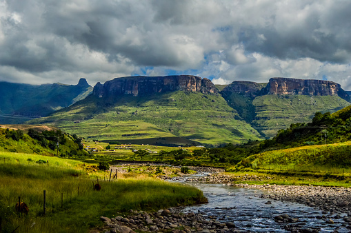 Royal amphitheatre of Drakensberg mountains on a cloudy overcast day