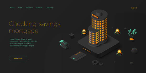 istock Bank building and money transaction concept in isometric vector design. Payment transfer or deposit and investment. Web banner layout template 1439710511