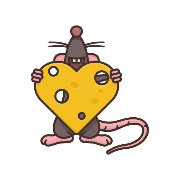 Vector illustration of Happy cartoon mouse holding heart of cheese isolated vector illustration