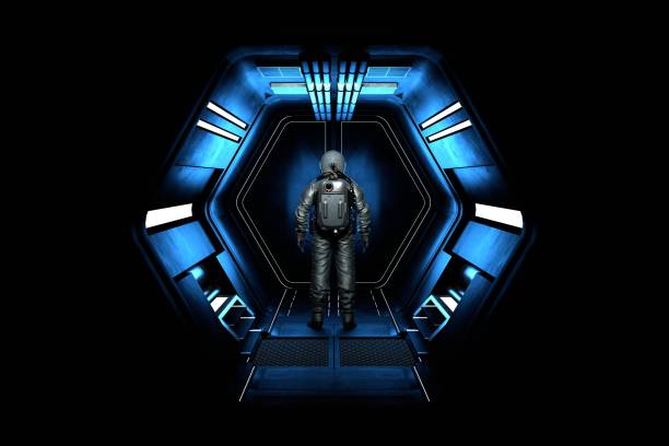 istock Astronaut cosmonaut goes into outer space along the corridor. Space exploration, flights to distant stars and galaxies. Man in a spacesuit stands in the tunnel of the space station. 3d render 1439713605