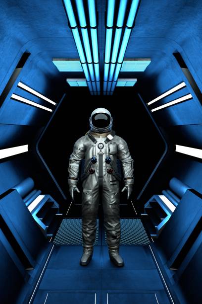 istock Astronaut cosmonaut goes into outer space along the corridor. Space exploration, flights to distant stars and galaxies. Man in a spacesuit stands in the tunnel of the space station. 3d render 1439713616