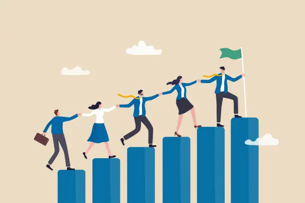 Vector illustration of Teamwork to success together, employee career path or partnership support to help business growing, team collaboration or mentor and training concept, business people help team climbing growth chart.