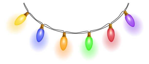 istock Festive garland. Bright glowing garland of multicolored light bulbs on a white background. Vector illustration. 1439713878