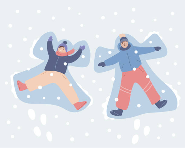 Two kids making snow angels. Winter fun, activity. Friends playing outside. Flat vector illustration. Two kids making snow angels. Winter fun, activity. Friends playing outside. Flat vector illustration. snow angels stock illustrations
