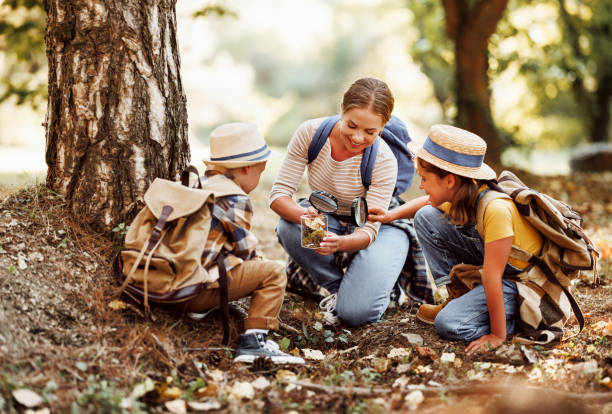 istock Happy mother and two   children in   with backpacks examining environment through magnifying glass in forest 1439715411