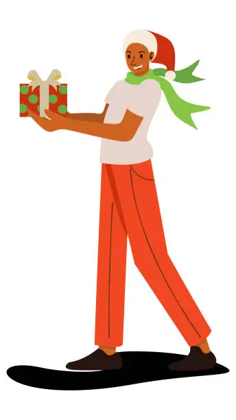 Vector illustration of flat vector illustration. smiley man in santa claus hat holding gift box.