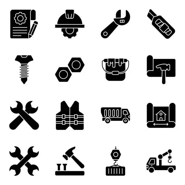 Vector illustration of Pack of Construction Instrument Solid Icons