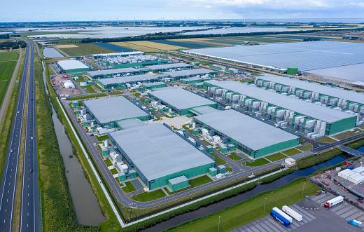 Drone  aerial view of new computer datacenters . The huge buildings are located along highway A7 in the province Noordholland near Wieringerwerf