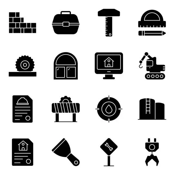 Vector illustration of Pack of Construction Accessories Solid Icons