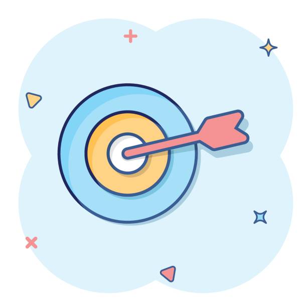 Target aim vector icon in comic style. Darts game cartoon illustration on white isolated background. Dartboard sport target splash effect concept. Target aim vector icon in comic style. Darts game cartoon illustration on white isolated background. Dartboard sport target splash effect concept. archery target group of objects target sport stock illustrations