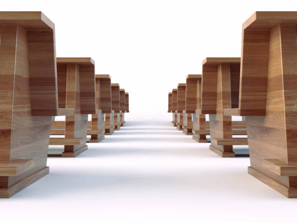 Two rows of wooden church pews on an isolated white background - 3D render