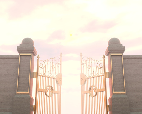A concept depicting the open golden majestic pearly gates of heaven backlit by an ethereal light - 3D render