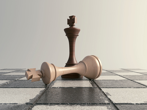 A dark wooden chess king standing over the fallen light wood king on a grungy chess board surface - 3D render