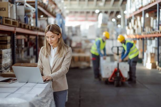 Warehouse manager working with laptop Female inventory manager working with computer laptop in storage warehouse. People, warehouse and industry concept warehouse office stock pictures, royalty-free photos & images