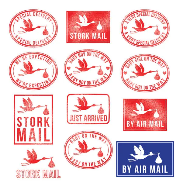 Vector illustration of Baby Stork Rubber Stamps We Are Expecting Special Delivery Pregnancy
