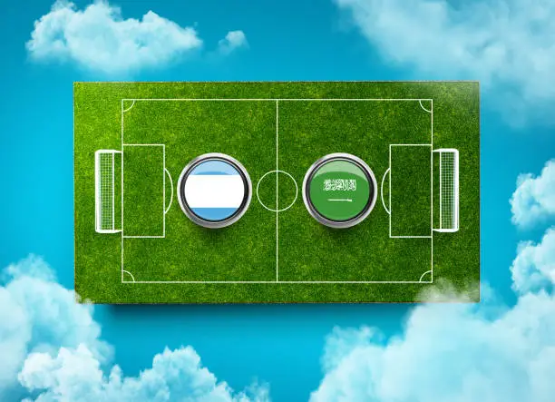 Argentina vs Saudi Arabia Versus screen banner Soccer concept. football field stadium Top View 3d illustration