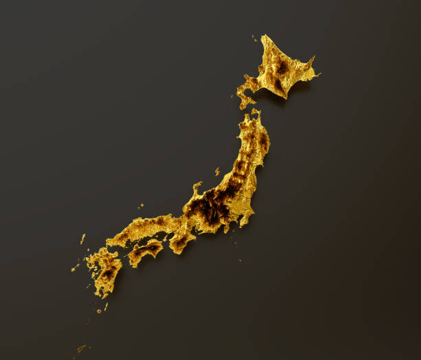 日本地図ゴールデンメタルカラーハイトマップ背景3dイラスト - japan digital map ストックフォトと画像