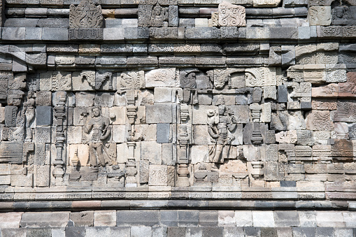 Wall relics of Plaosan temple, one of the Buddhist temples located in Prambanan district, Central Java, Indonesia, about a kilometer to the northwest of the renowned Hindu Prambanan temple.