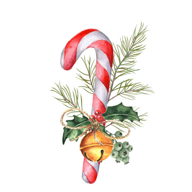 ilustrações, clipart, desenhos animados e ícones de bengala de natal desenhada à mão com jingle bell e ramo de pinheiro - bell christmas holly drawing