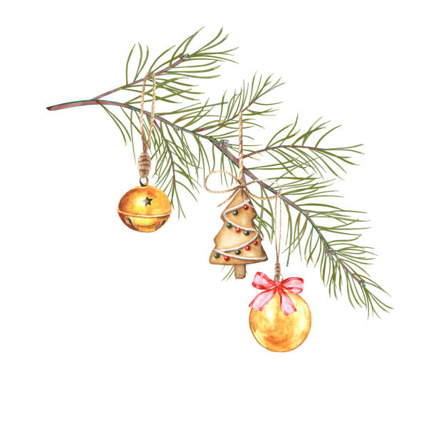 istock Watercolor christmas tree branch with christmas ornaments 1439724489