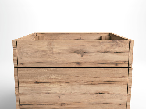 An open empty wooden box on an isolated white studio background - 3D render