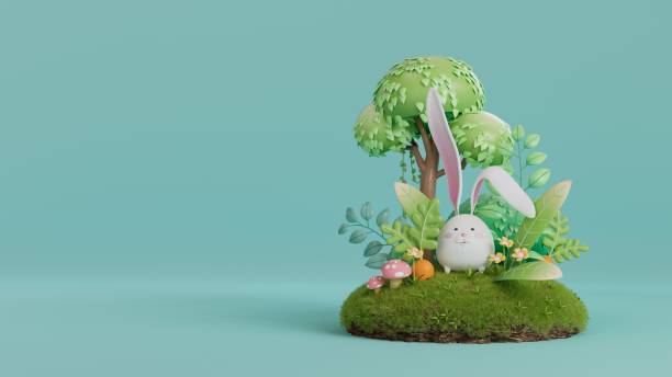 istock 3d white rabbit character in the forest on a blue-green background for web banners, new year 2023, Easter. 1439726798
