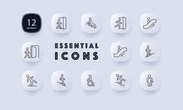 Vector illustration of Information signs with people set icon. Walk, door, exit, entrance, steps, escalator, fall, wet floor, disabled person, run, old man with a cane. Service concept. Neomorphism style. Vector line icon