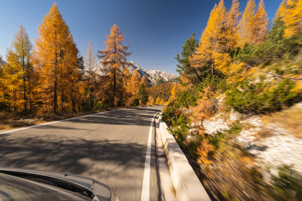 Driving through colorful alpine autumne landscape on sunny day, view from car window at country road with larch trees and mountains in the dolomites, motion blure from cars speed