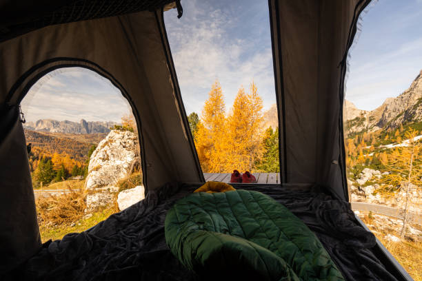 istock Inside open tent on rooftop of camper van high up in the mountains 1439728779