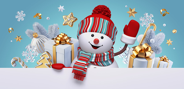 3d render, Christmas greeting card with cute smiling snowman toy waving his hand, gift boxes and festive ornaments, over the turquoise blue background