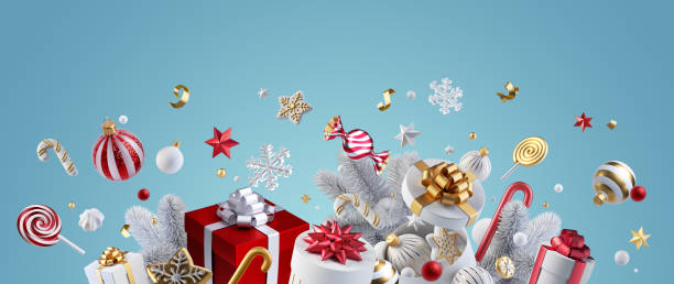 istock 3d render, Christmas festive ornaments, candies and gift boxes, isolated on turquoise blue background. Seasonal holiday wallpaper 1439729636