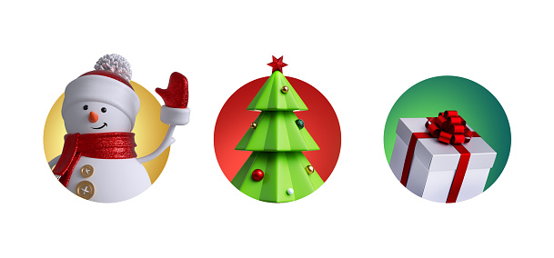 3d render, set of assorted round Christmas labels, festive clip art isolated on white background. Holiday stickers