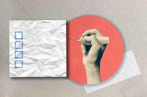 istock Checklist concept. Modern art collage. A hand holds a marker. Questionnaire layout. Retro style. 1439730210