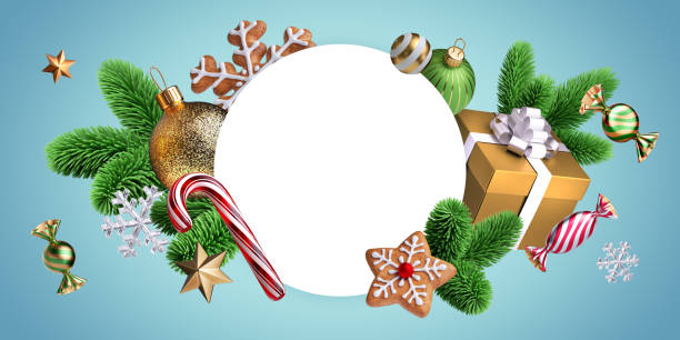 istock 3d render, Christmas banner on blue background. Blank round frame decorated with festive ornaments, glass balls, candy, wrapped gift boxes and green spruce twigs. Holiday greeting card template 1439730214