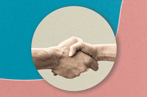 Female and male hands isolated retro background showing handshake gesture, greetings. Art collage. Copy space.