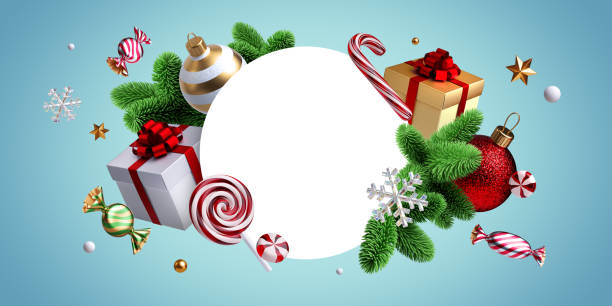 istock 3d render. Blank round frame decorated with christmas ornaments, glass balls, candy, wrapped gift boxes and green spruce branches. Holiday banner template on turquoise blue background 1439730224