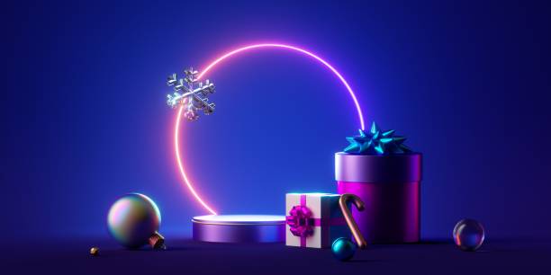 istock 3d render, empty stage with neon light and gift boxes. Futuristic Christmas showcase with podium and glowing round frame, isolated on blue background 1439730267