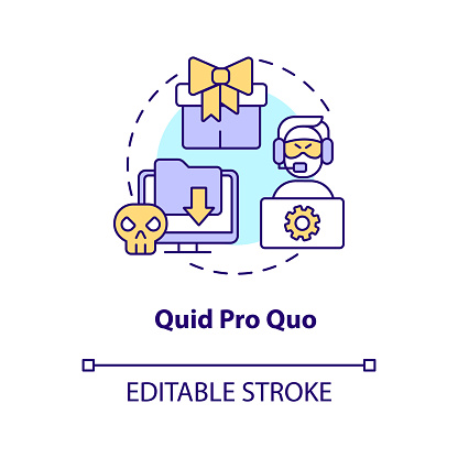 Quid pro quo attack concept icon. IT security. Steal valuable information. Cybercrime abstract idea thin line illustration. Isolated outline drawing. Editable stroke. Arial, Myriad Pro-Bold fonts used