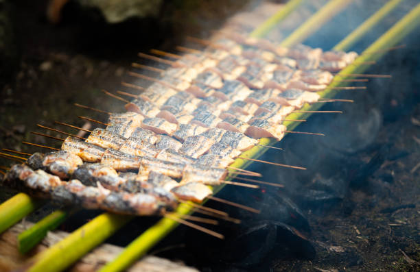 Selective focus of Ikan haruan or ikan gabus, also called snakehead fish is being grilled using coconut coir on the top of coconut leaf midrib stock photo