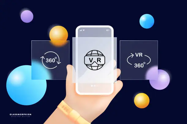 Vector illustration of Metaverse set icon. Application Development, planet with vr text, arrow, neural network, 3d reality. Augmented reality, 360 degree view. Virtual reality concept. Ui phone app screen. Glassmorphism
