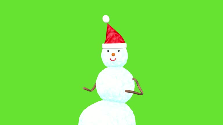 Funny snowman is dancing on green screen background. 3D loop animation.