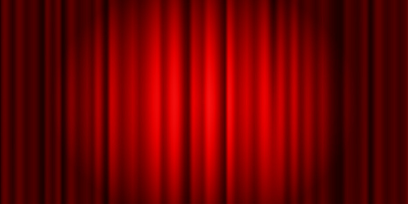 Stage curtains with spotlight beam. Realistic closed curtains in theater or cinema with stage light. Red fabric drapes background. Vector illustration.